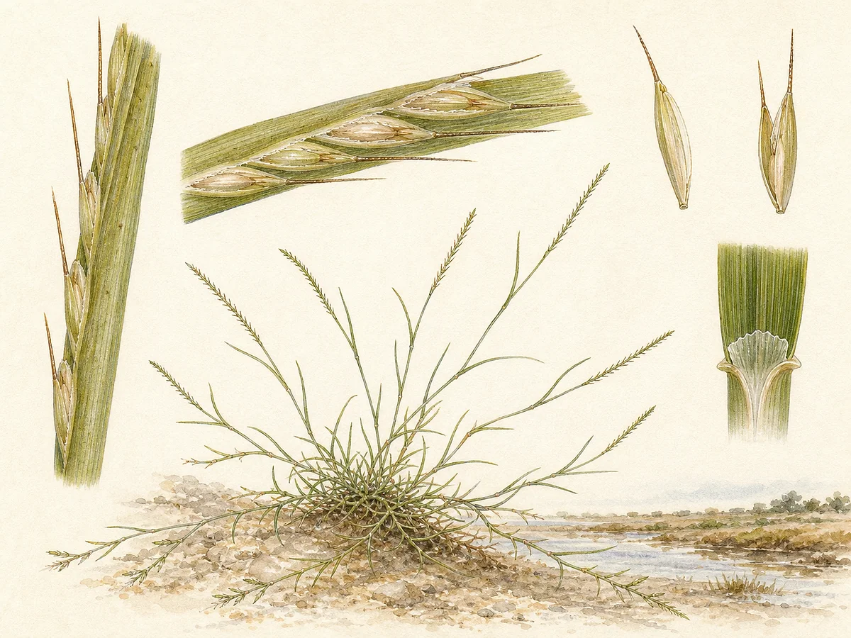 Prancha botânica de Parapholis filiformis com gramínea anual prostrada, folhas finas e espigas rígidas muito delgadas com espiguetas encaixadas no eixo