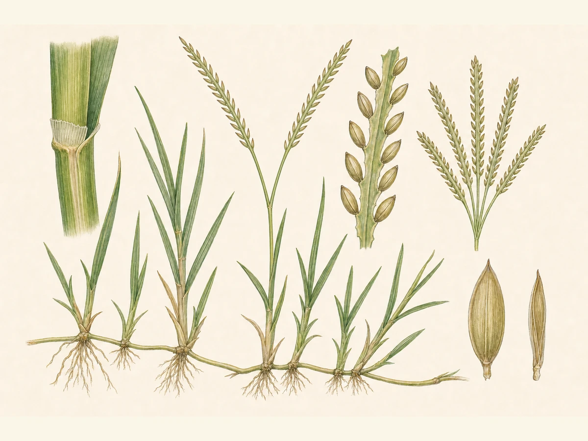Prancha ilustrada de Paspalum vaginatum com tapete perene extensamente estolhoso, nós enraizados, folhas lineares ascendentes, dois cachos conjugados e espiguetas achatadas em duas filas sobre ráquis alada
