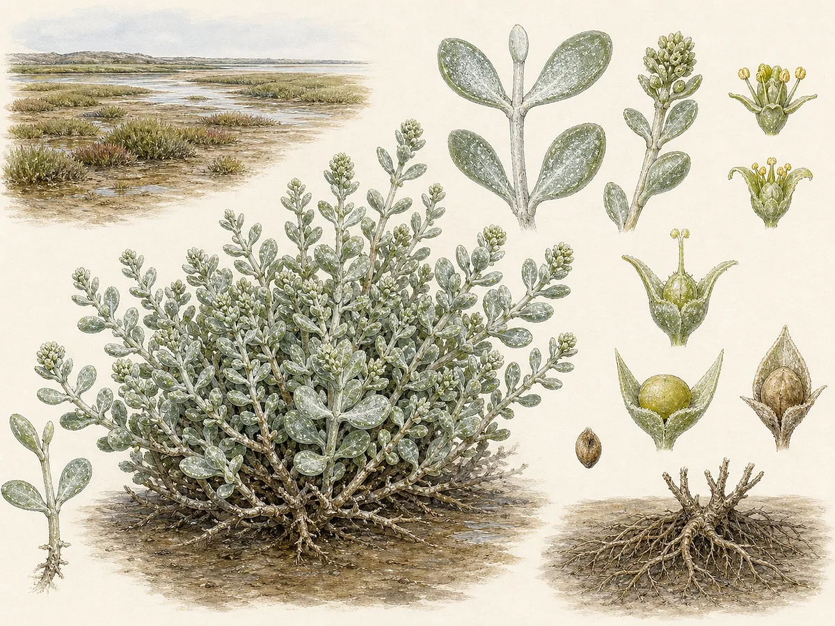 Prancha botânica de Halimione portulacoides com subarbusto prateado, folhas opostas espatuladas e carnudas, cachos florais verdes e fruto envolvido por brácteas