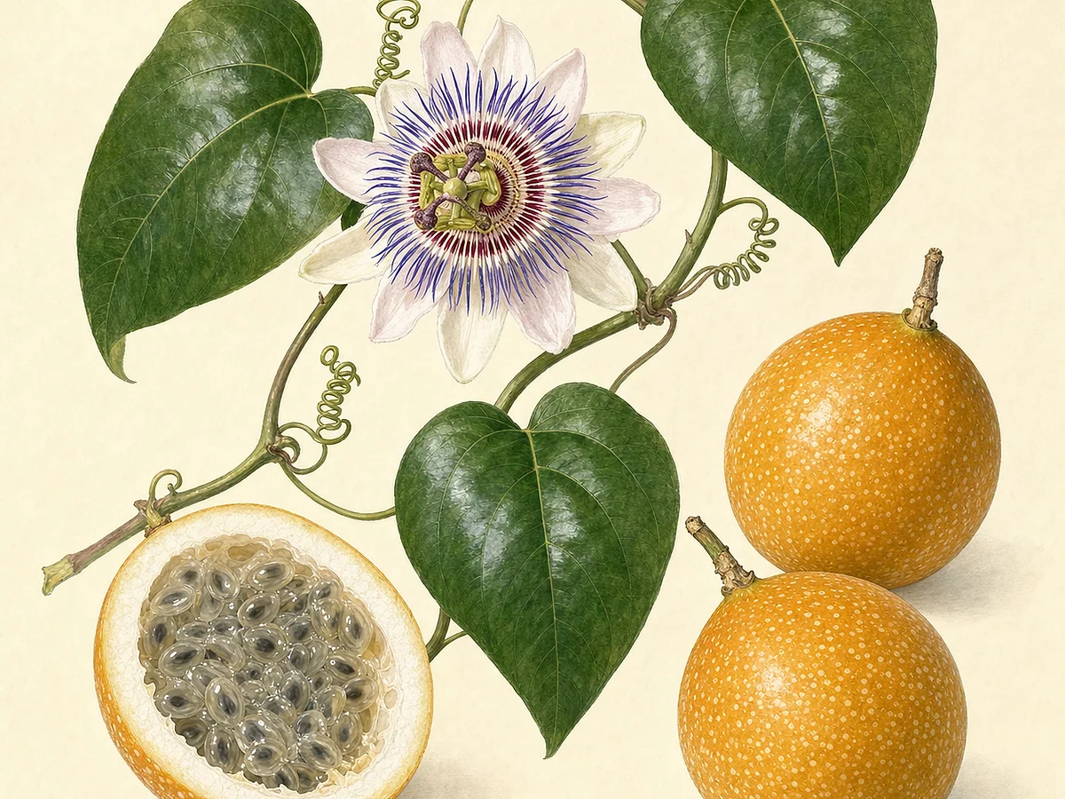 Prancha botânica de Passiflora ligularis com folhas cordiformes inteiras, flor de corona azul e púrpura, frutos laranja pintalgados e corte com arilos translúcidos