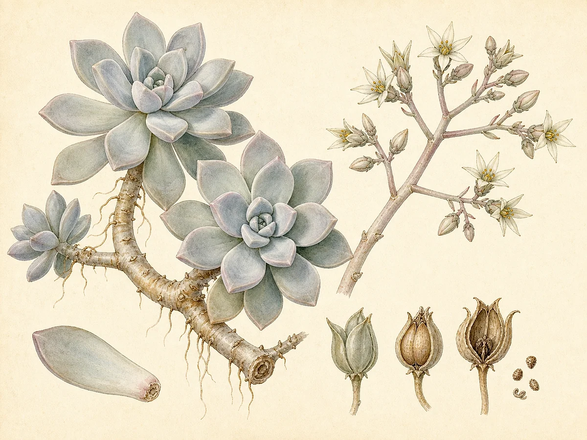Prancha botânica de Graptopetalum paraguayense com rosetas pálidas, caules pendentes, folhas destacadas, flores estreladas e fruto