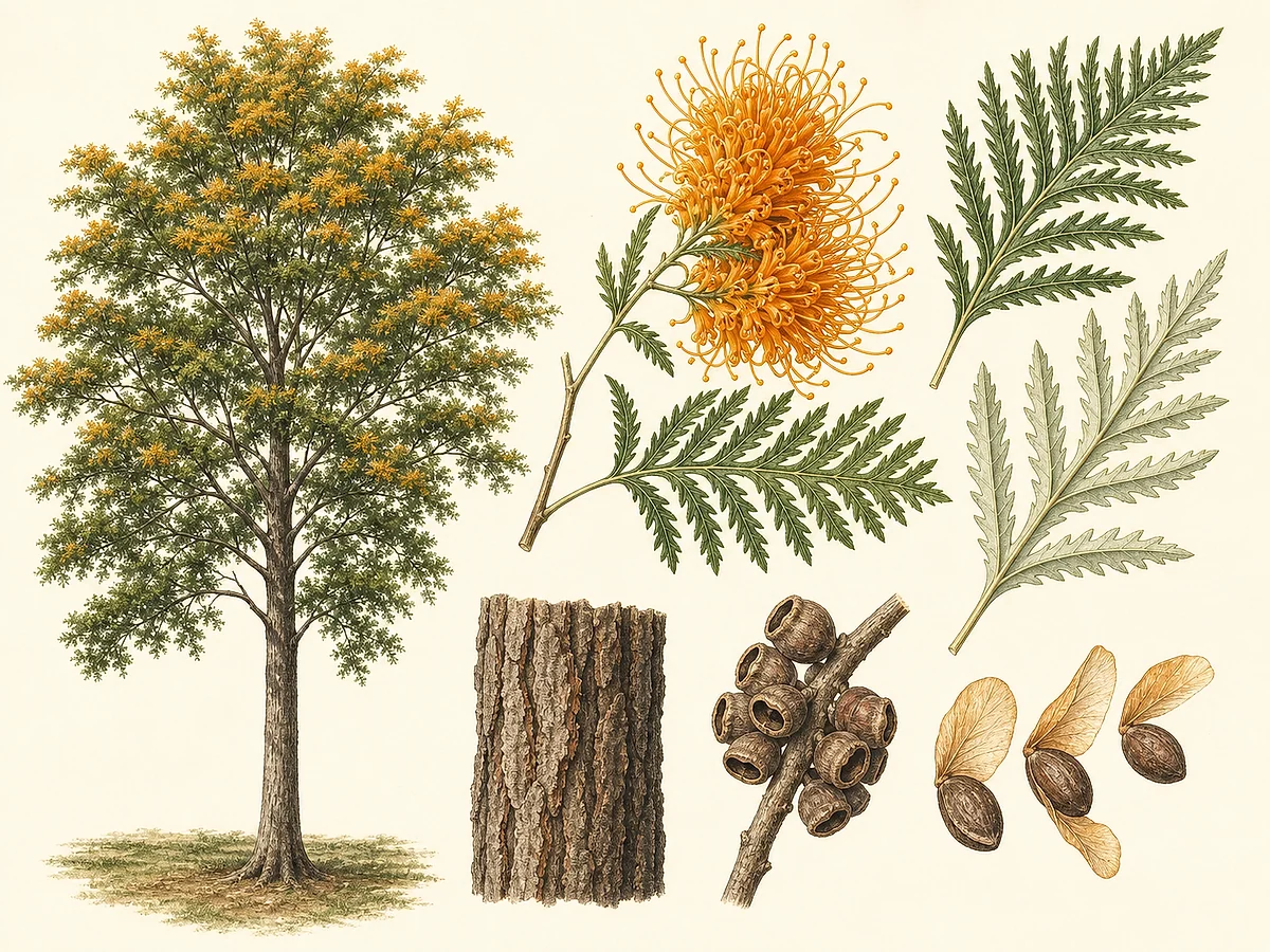 Prancha botânica de Grevillea robusta com árvore alta, folhas profundamente recortadas, racemos alaranjados, folículos e sementes aladas
