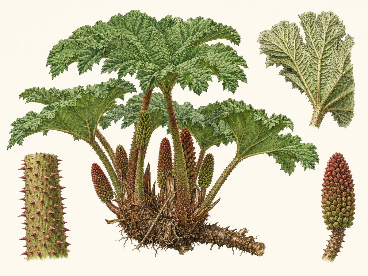 Prancha ilustrada de Gunnera tinctoria com grande touceira rizomatosa, folhas enormes lobadas, pecíolos grossos espinhosos e espigas densas avermelhadas