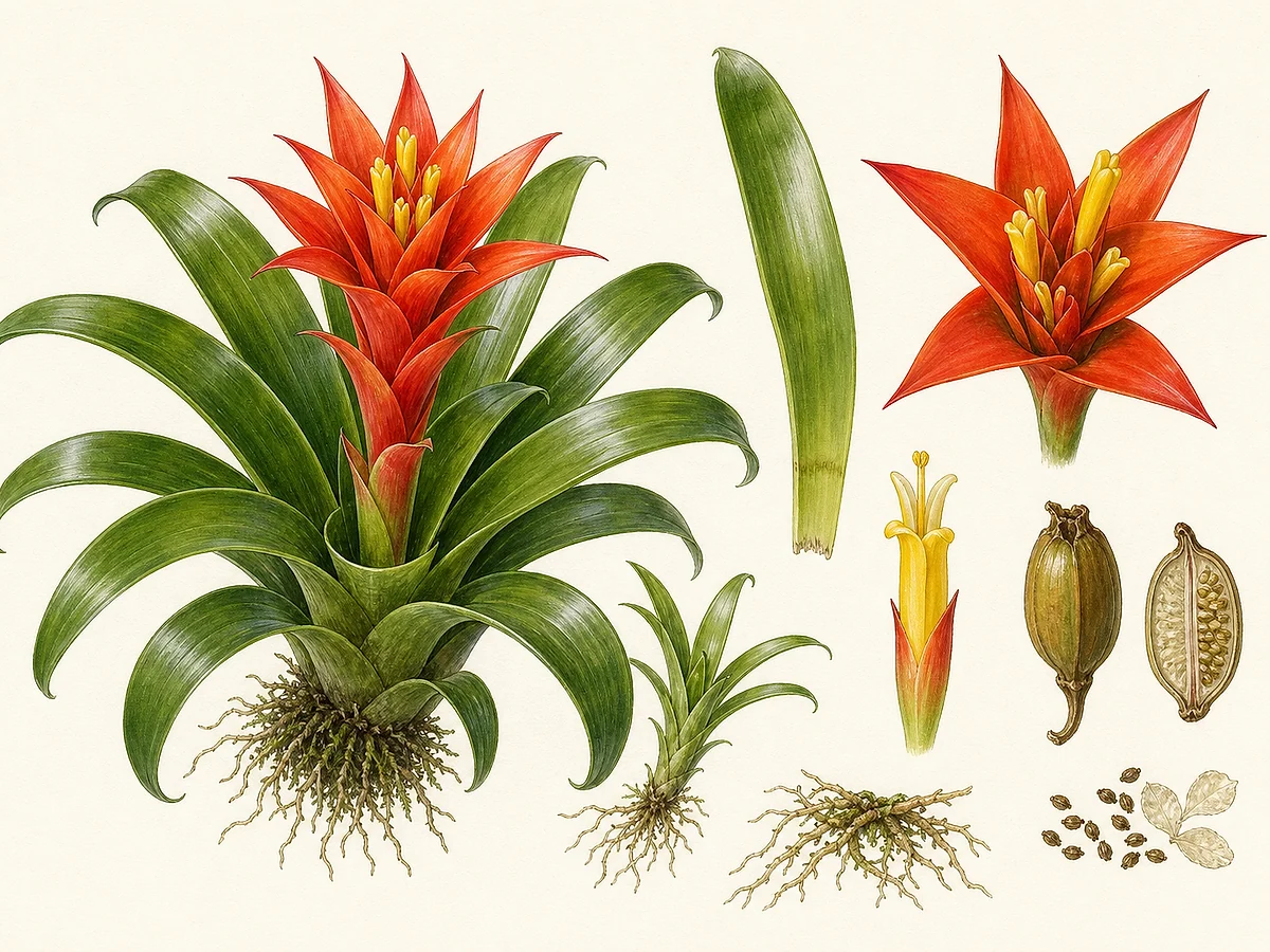 Prancha botânica de Guzmania lingulata com roseta-tanque, brácteas vermelhas, flores amarelas, rebento, cápsula e raízes epífitas