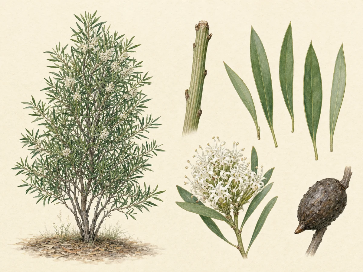 Prancha ilustrada de Hakea salicifolia com arbusto ereto, ramos costilhados, folhas estreitamente elípticas planas, grupos axilares de flores brancas e fruto lenhoso verrugoso de bico curto