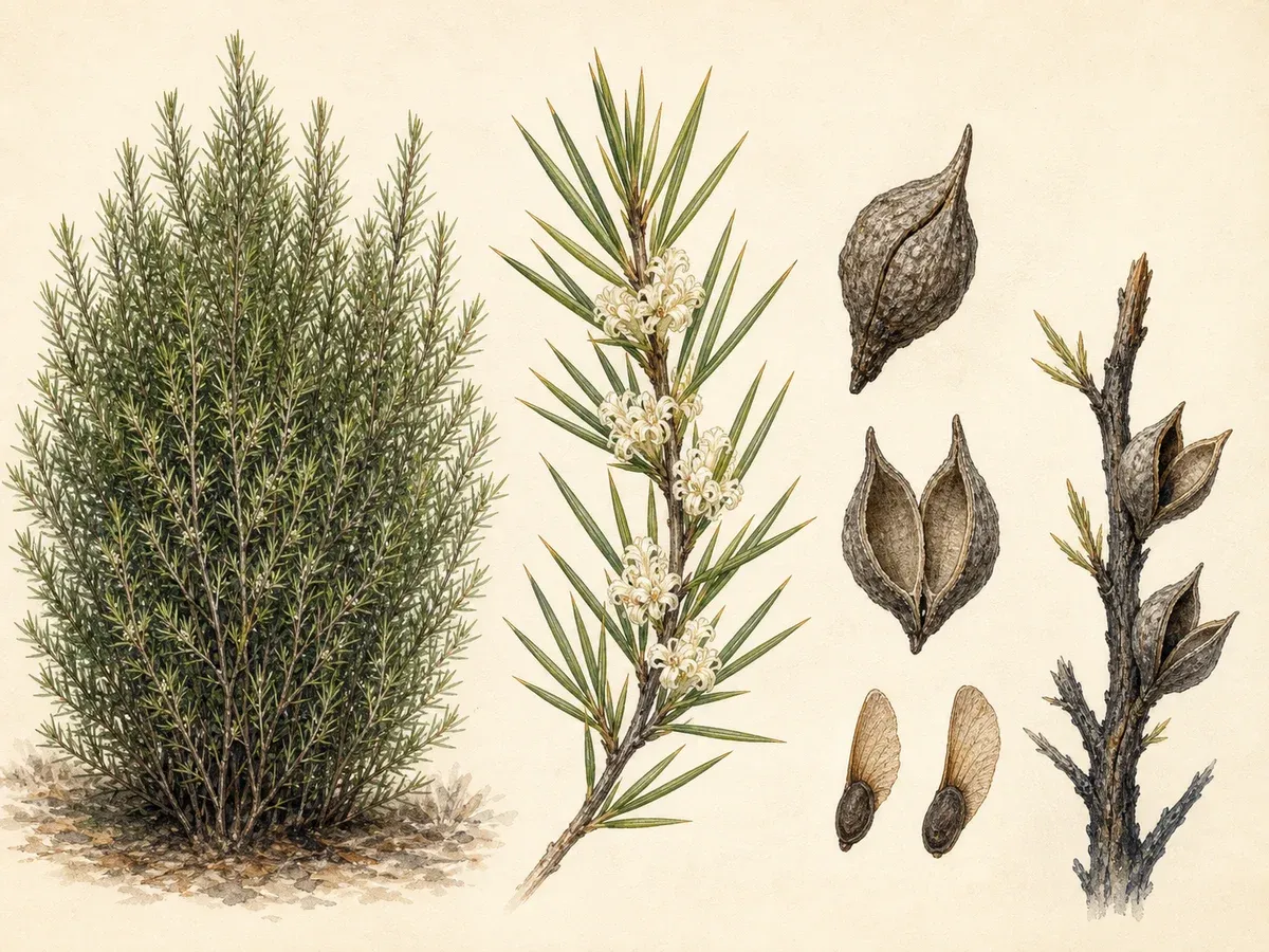 Prancha de Hakea sericea com arbusto espinhoso, folhas aciculares, flores creme, folículos lenhosos bicudos e sementes libertadas após fogo
