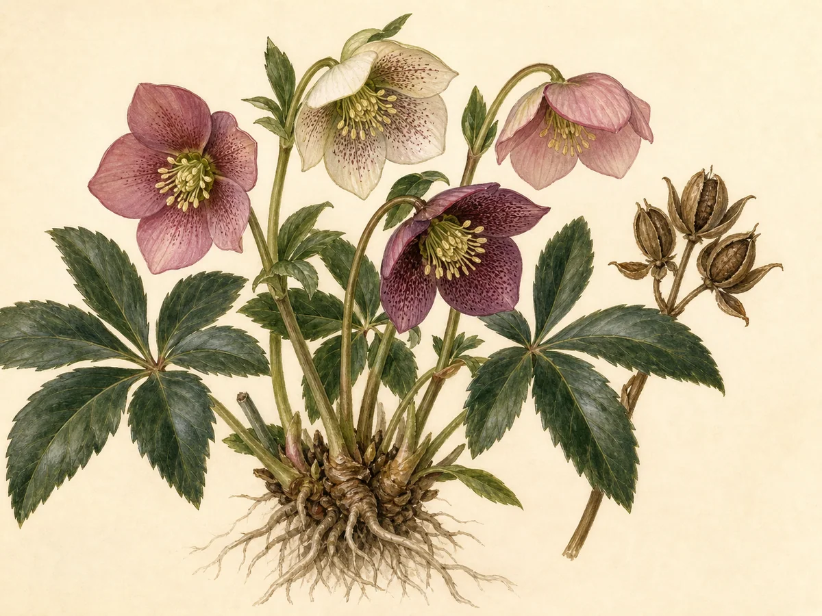 Ilustração botânica de heléboro-oriental com folhas palmadas coriáceas, flores nodosas rosadas e vagens foliculares