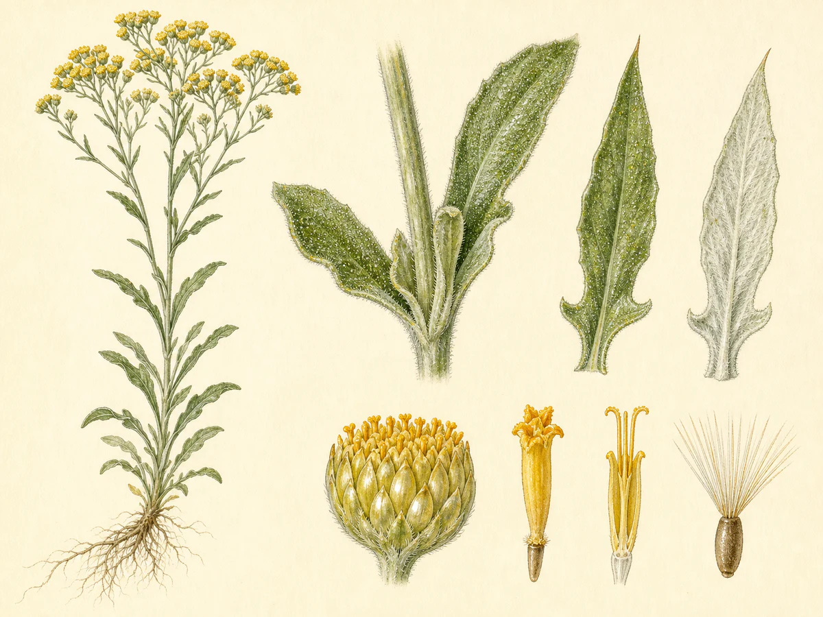 Prancha ilustrada de Helichrysum foetidum com erva ereta, folhas sésseis de base semiamplexicaule e verso esbranquiçado, corimbos folhosos de pequenos capítulos amarelos e cípsela com papilho