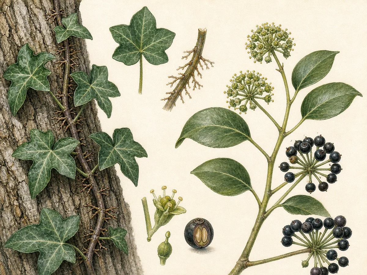 Prancha botânica de Hedera hibernica com caules rastejantes e trepadores de raízes adventícias, folhas juvenis lobadas, folhas adultas inteiras, umbelas verdes e bagas negras