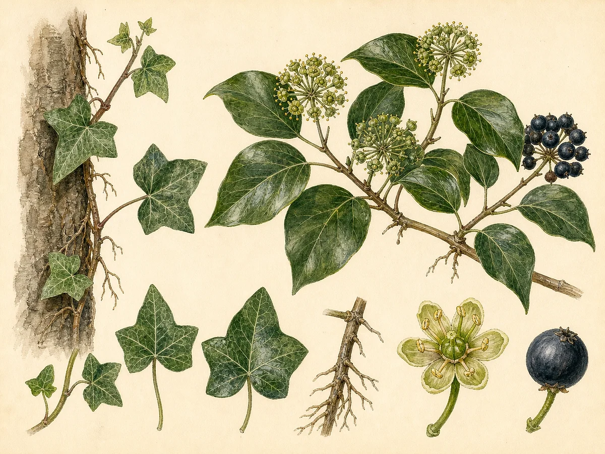 Prancha botânica de Hedera helix com caule aderente, folhas juvenis lobadas, ramo adulto, flores e bagas negras