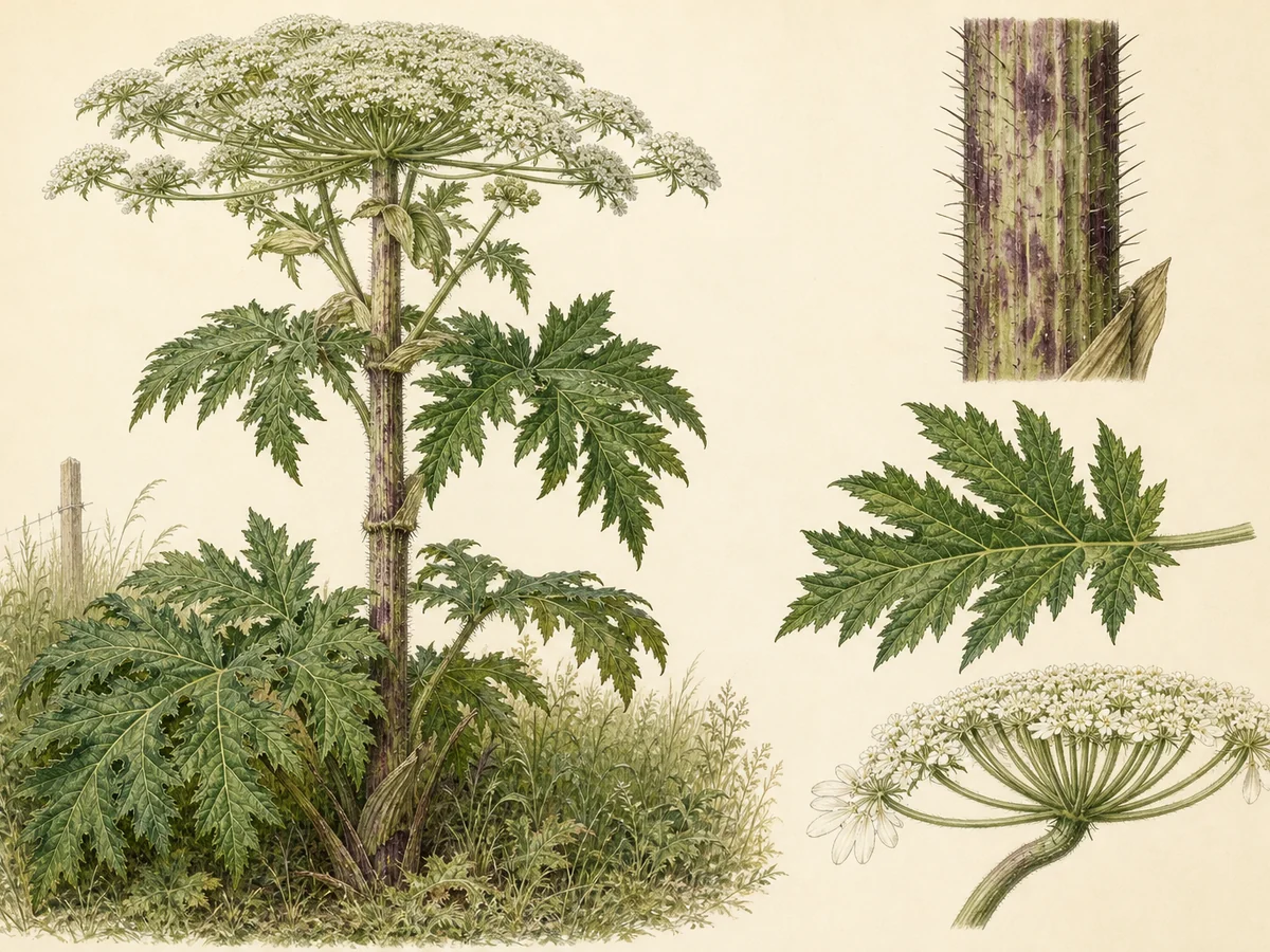 Prancha ilustrada de Heracleum mantegazzianum com planta gigante de caule manchado de púrpura, folhas profundamente divididas, grande umbela branca e detalhes comparativos de caule, folha e flores