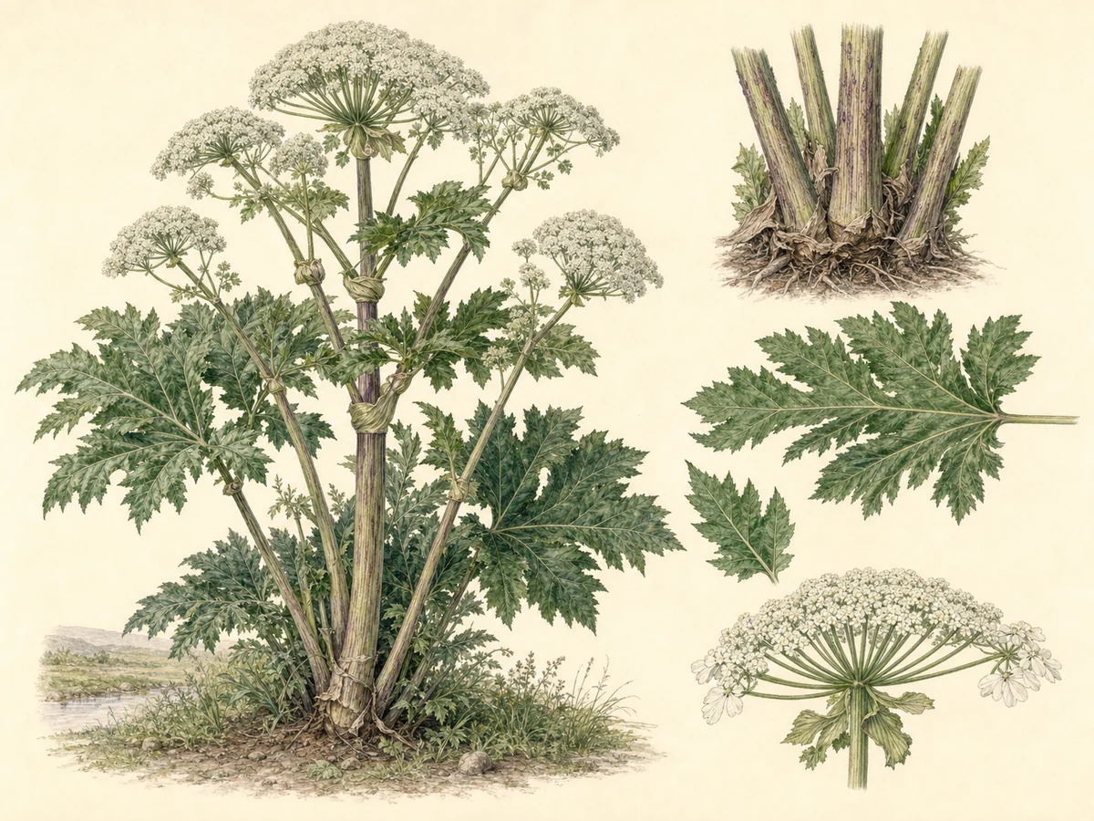 Prancha ilustrada de Heracleum persicum com grande touceira multicaule, folhas compostas largas, umbelas brancas e detalhes comparativos da coroa, folha e flores