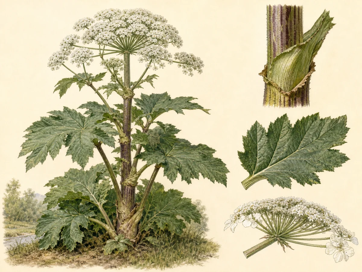 Prancha ilustrada de Heracleum sosnowskyi com planta robusta, folhas largas menos divididas, grande umbela branca e detalhes comparativos de bainha, folha e flores