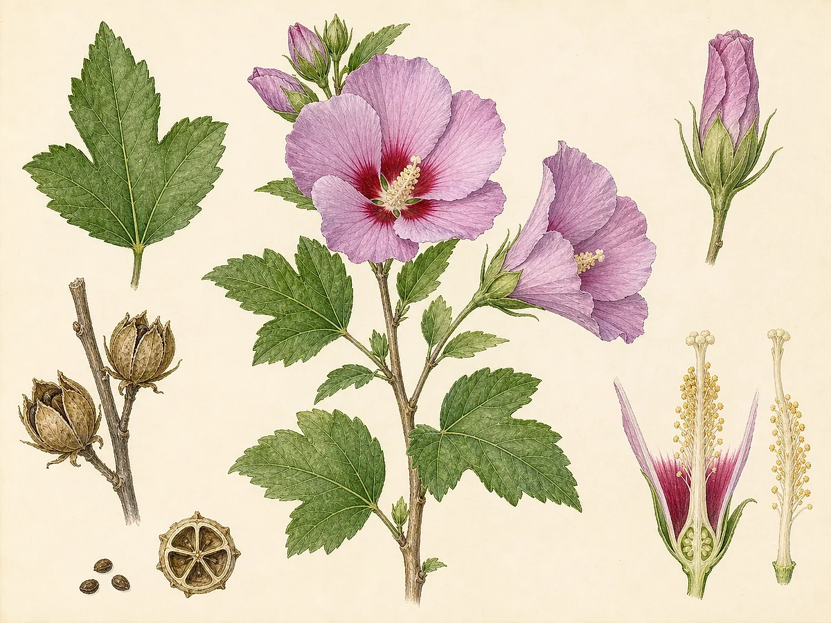 Prancha botânica de Hibiscus syriacus com folhas trilobadas, flores rosadas de olho vermelho, botões e cápsula