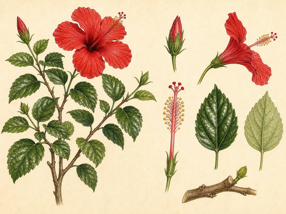 Prancha botânica de Hibiscus rosa-sinensis com flor vermelha, coluna estaminal, botão, folhas e estaca lenhosa