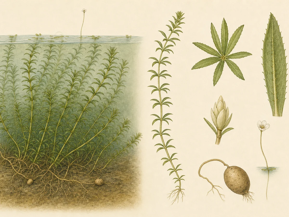 Prancha ilustrada de Hydrilla verticillata com povoamento submerso, caule de folhas verticiladas, folha serrada e espinhosa no verso, turião, tubérculo e pequena flor à superfície