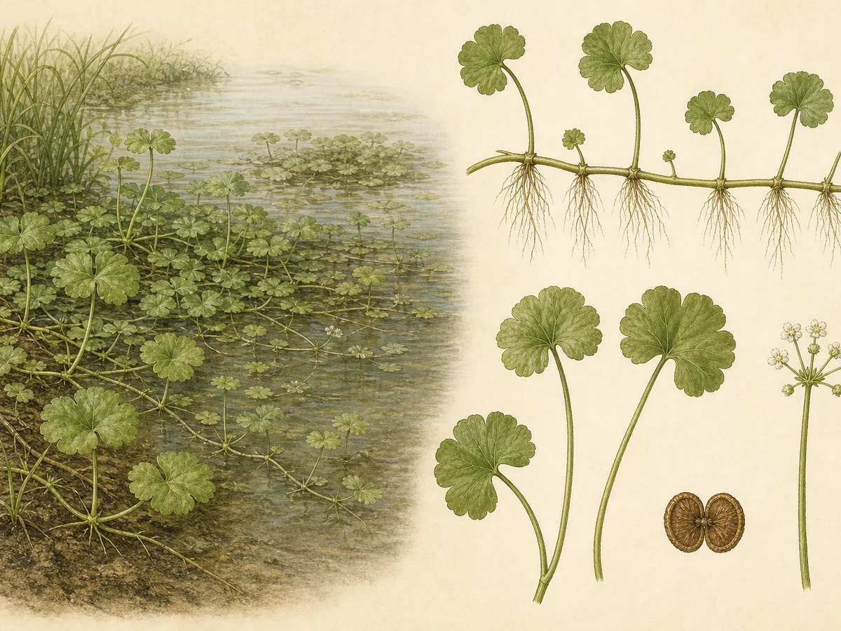 Prancha ilustrada de Hydrocotyle ranunculoides com tapete flutuante, estolão enraizado nos nós, folhas reniformes lobadas presas na chanfradura basal, umbela pequena e fruto achatado