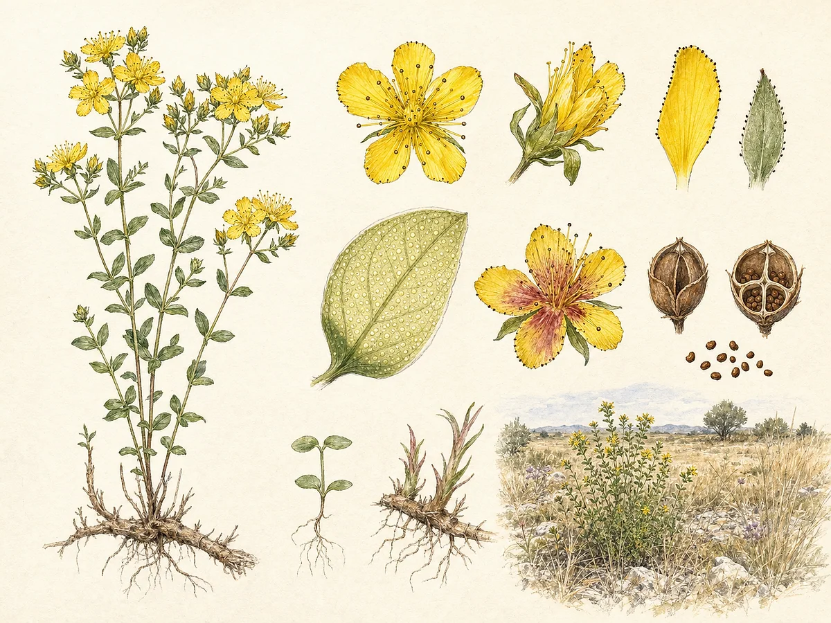 Prancha botânica de Hypericum perforatum com folhas opostas de pontos translúcidos, flores amarelas de margens negras, cápsulas e rizoma