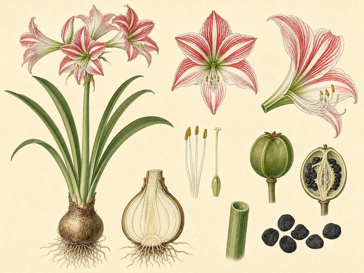 Prancha botânica de Hippeastrum vittatum com bolbo, folhas em fita, escapo oco, flores vermelhas e brancas listradas, cápsula e sementes