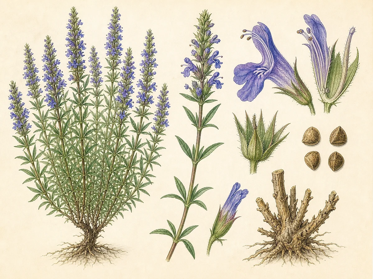 Prancha botânica de Hyssopus officinalis com subarbusto de caules quadrangulares, folhas lineares opostas, espigas unilaterais de flores azul-violeta e quatro núculas