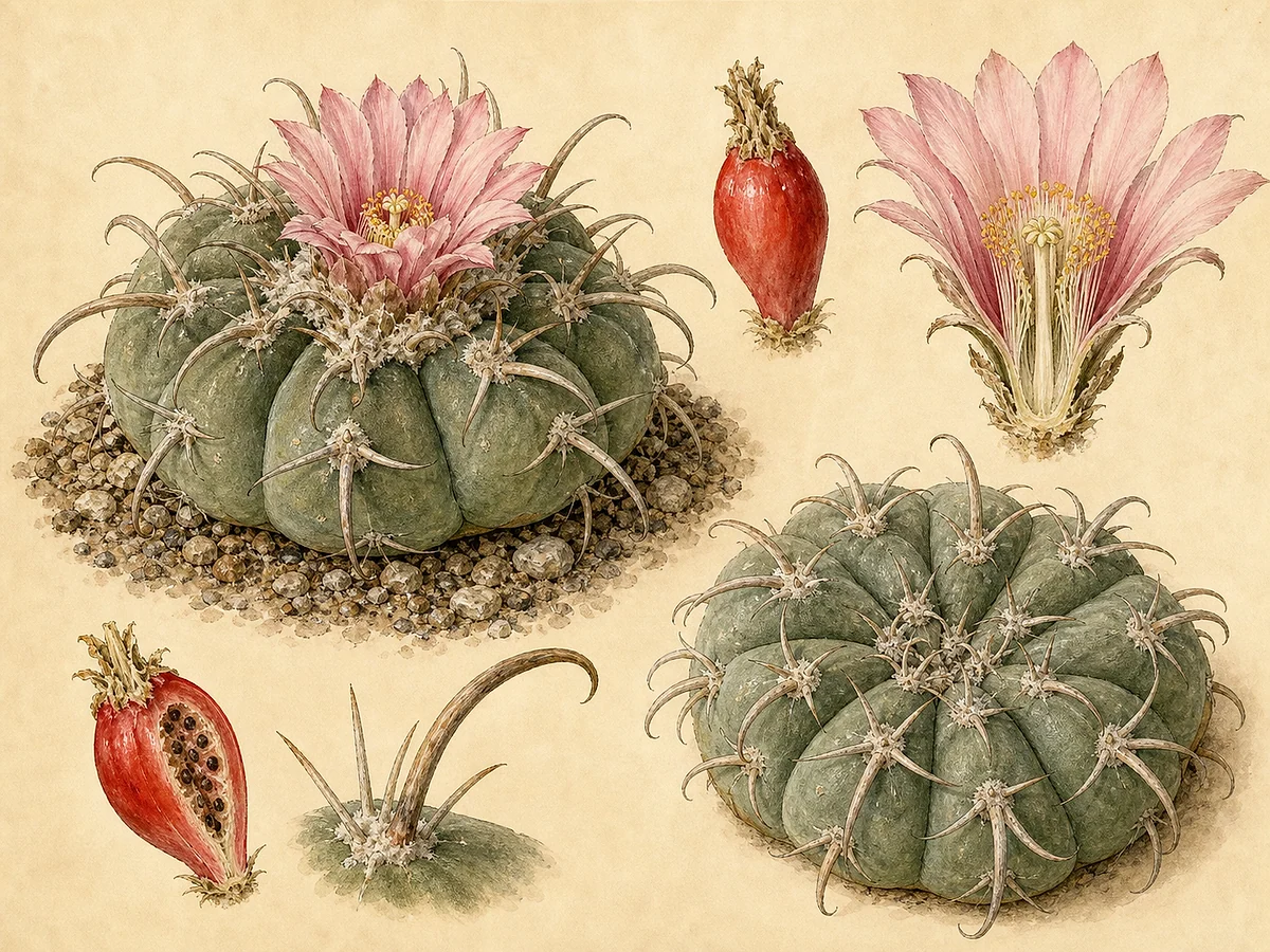 Prancha botânica de Homalocephala texensis com cacto globoso achatado, costelas, espinhos curvos, flor rosada e fruto vermelho