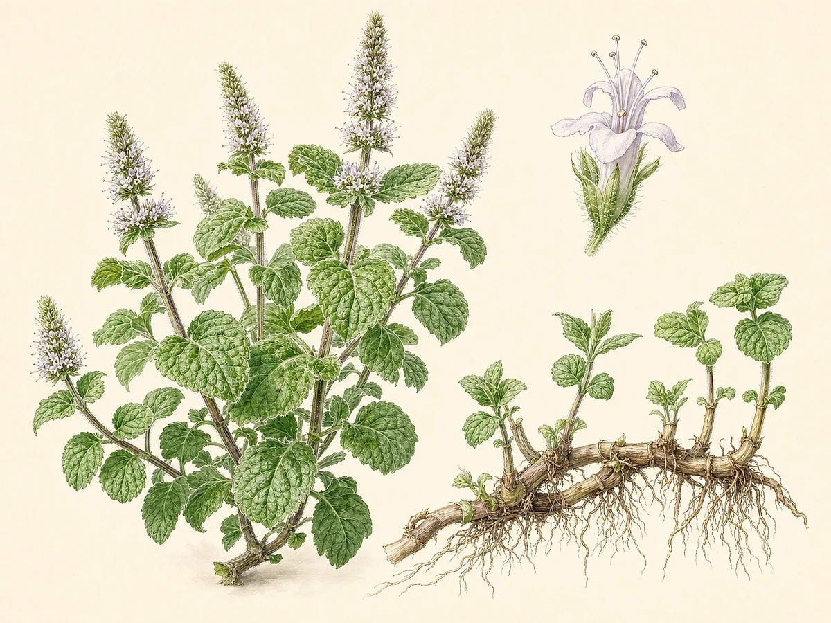Prancha botânica de Mentha suaveolens com caules quadrangulares, folhas rugosas e macias, espigas de flores brancas e rizomas