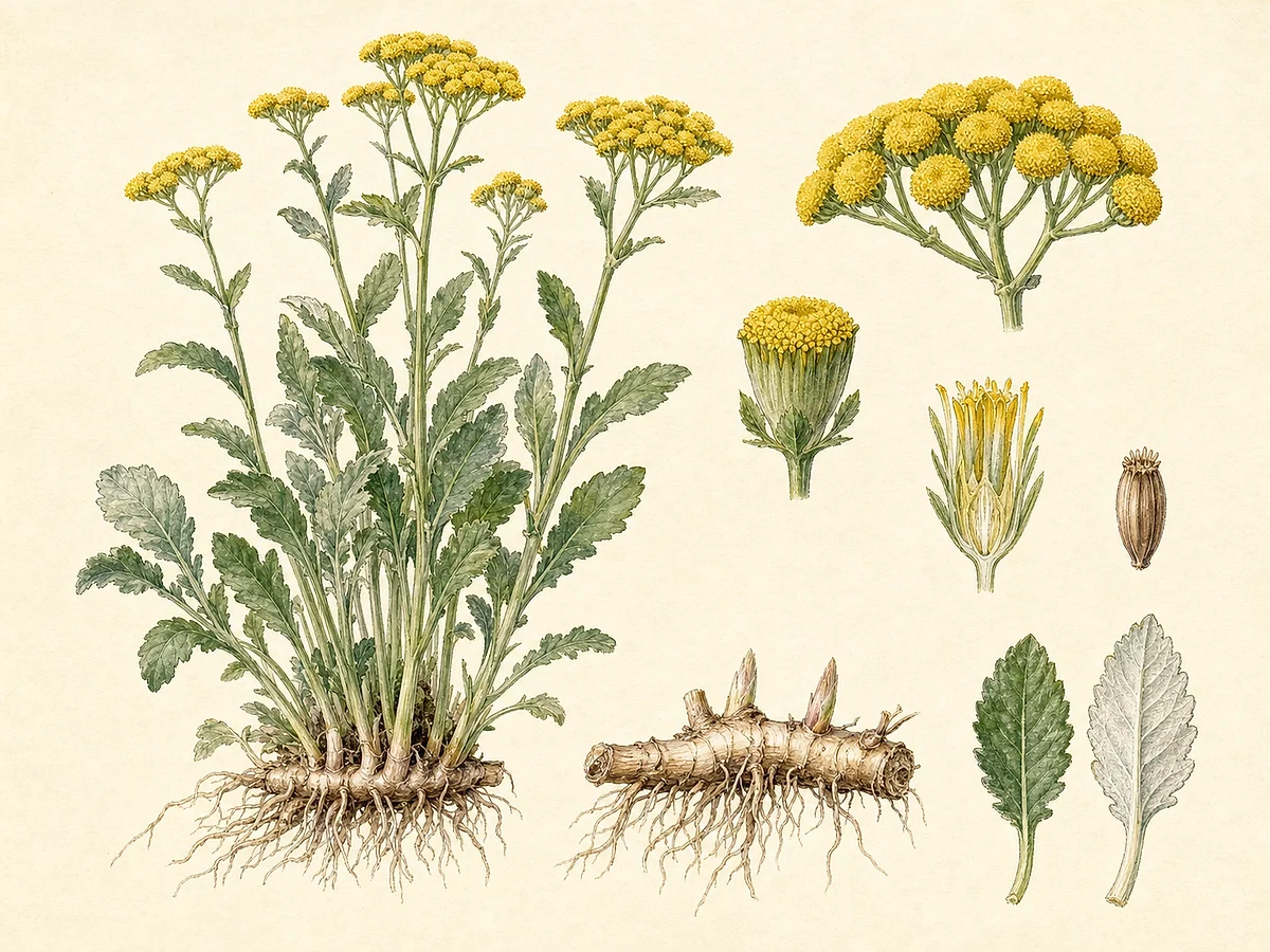 Prancha botânica de Tanacetum balsamita com perene rizomatosa, folhas ovais serradas aromáticas e corimbos de pequenos capítulos amarelos sem lígulas