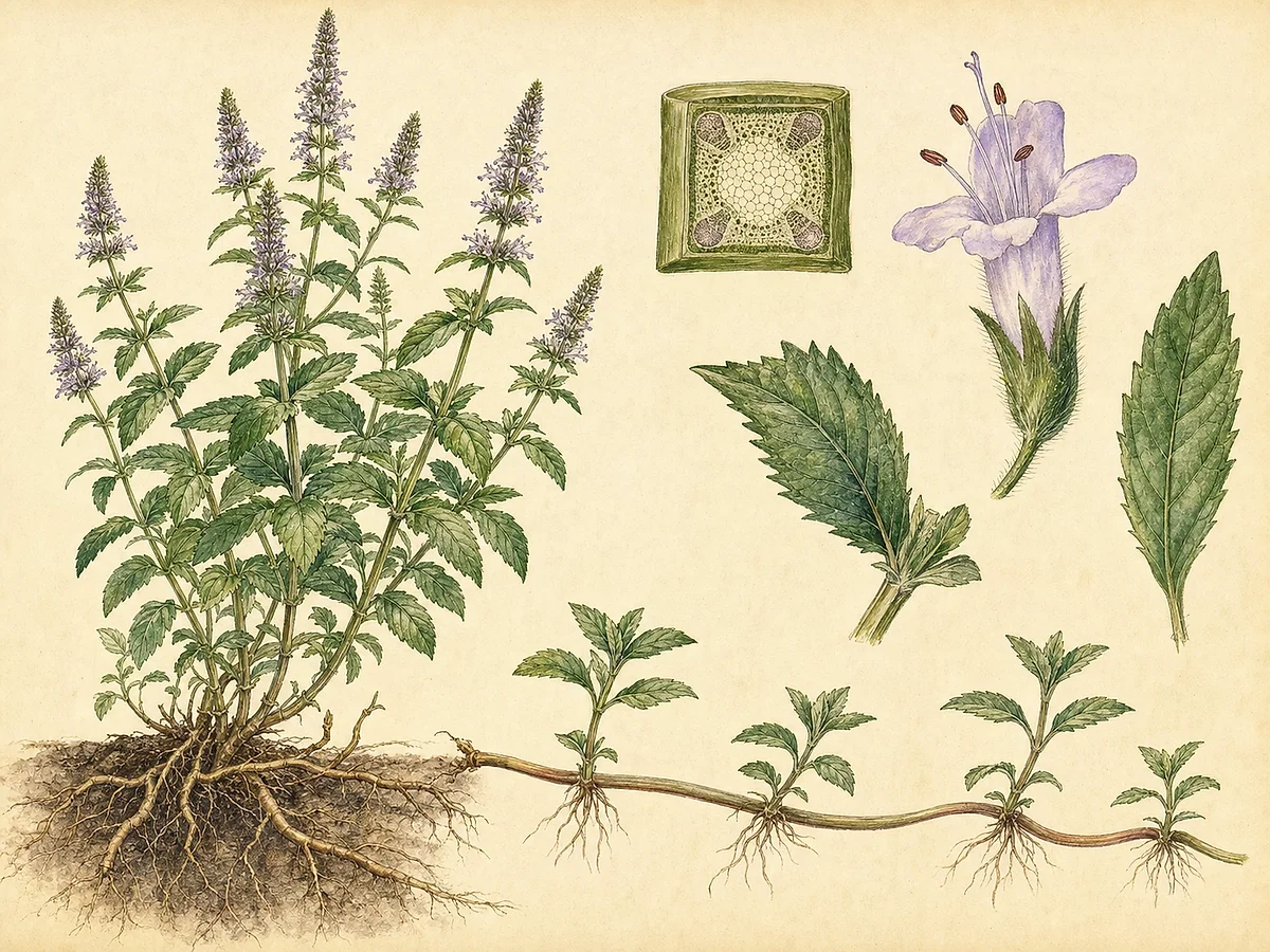 Ilustração botânica de hortelã-verde com caules quadrangulares, folhas lanceoladas serrilhadas, espigas florais lilases, estolões e raízes
