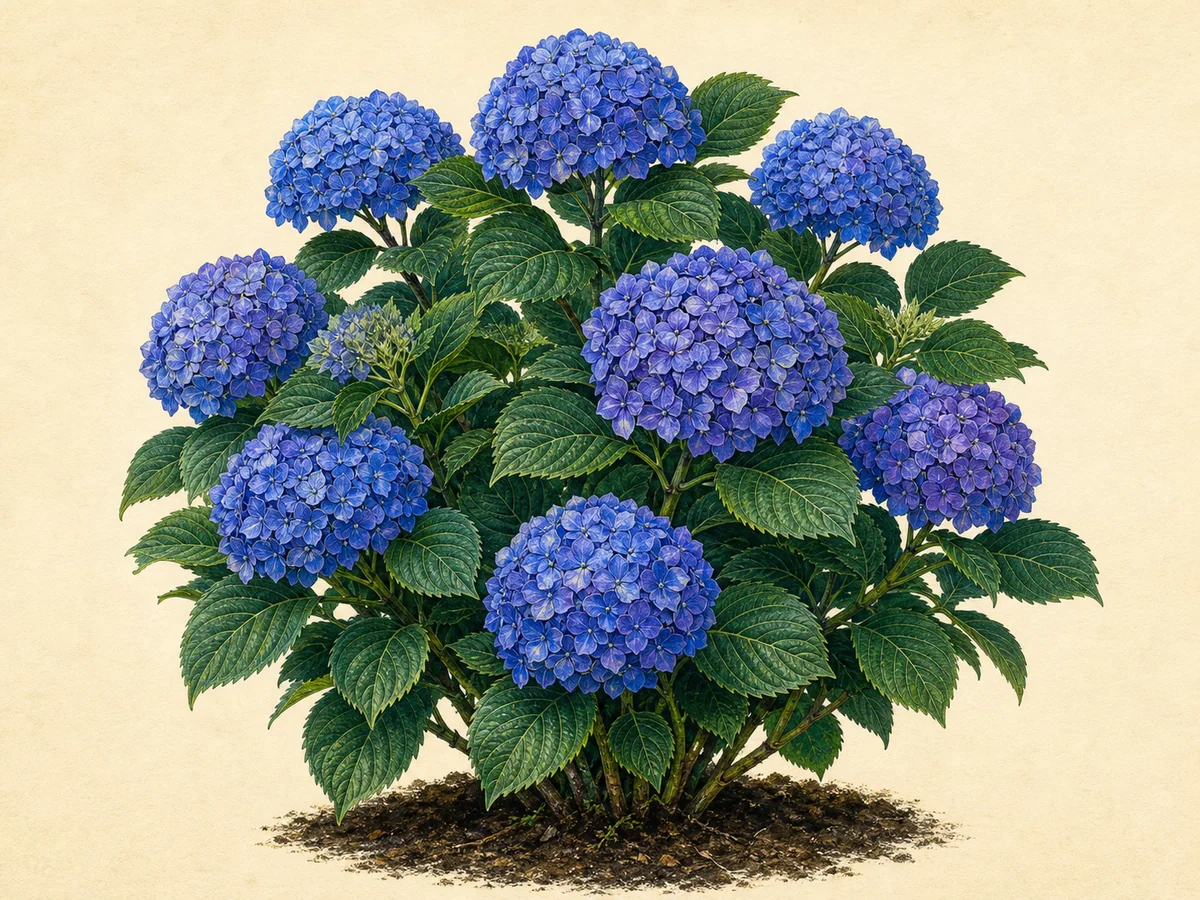 Ilustração botânica de uma hortênsia azul em flor