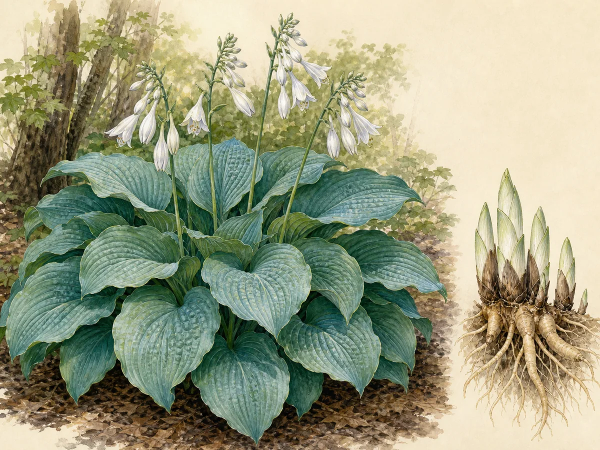 Ilustração botânica de hosta-de-Siebold em touceira com folhas grandes azul-esverdeadas nervadas, flores brancas e coroa subterrânea
