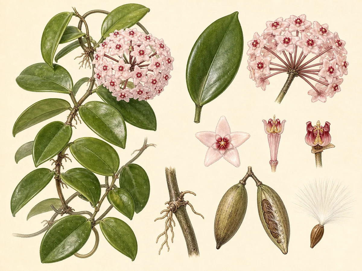 Prancha botânica de Hoya carnosa com trepadeira, folhas carnosas opostas, umbela de flores cerosas rosadas, folículos e sementes com penacho