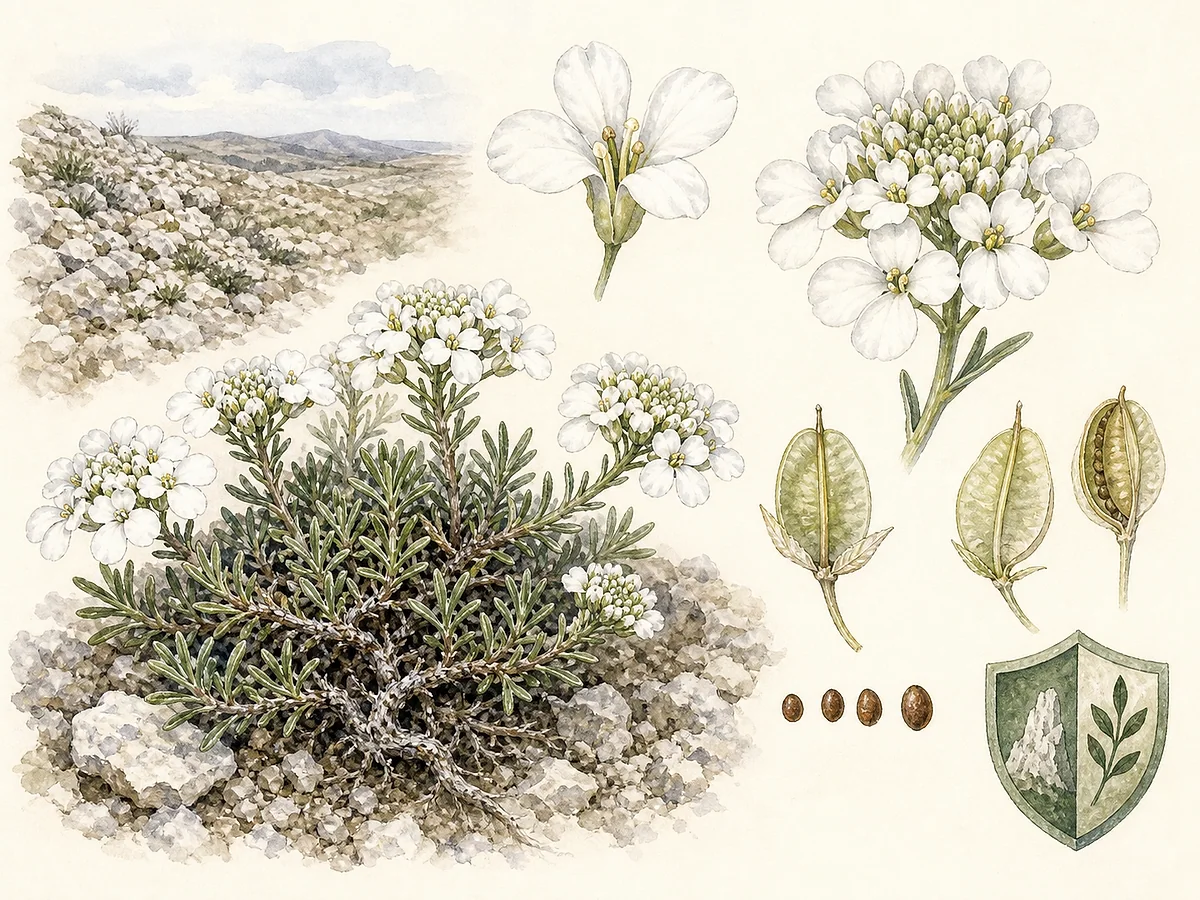 Prancha botânica de Iberis procumbens subsp. microcarpa com subarbusto prostrado, folhas estreitas, corimbos de flores brancas assimétricas e pequenas silículas aladas