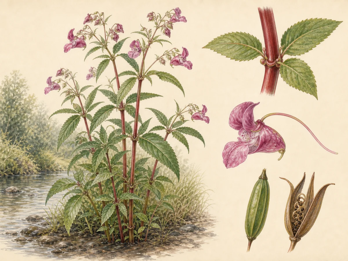 Prancha ilustrada de Impatiens glandulifera com população ribeirinha de caules ocos avermelhados, folhas serradas em verticilos, flores rosadas de esporão curvo e cápsulas intacta e aberta