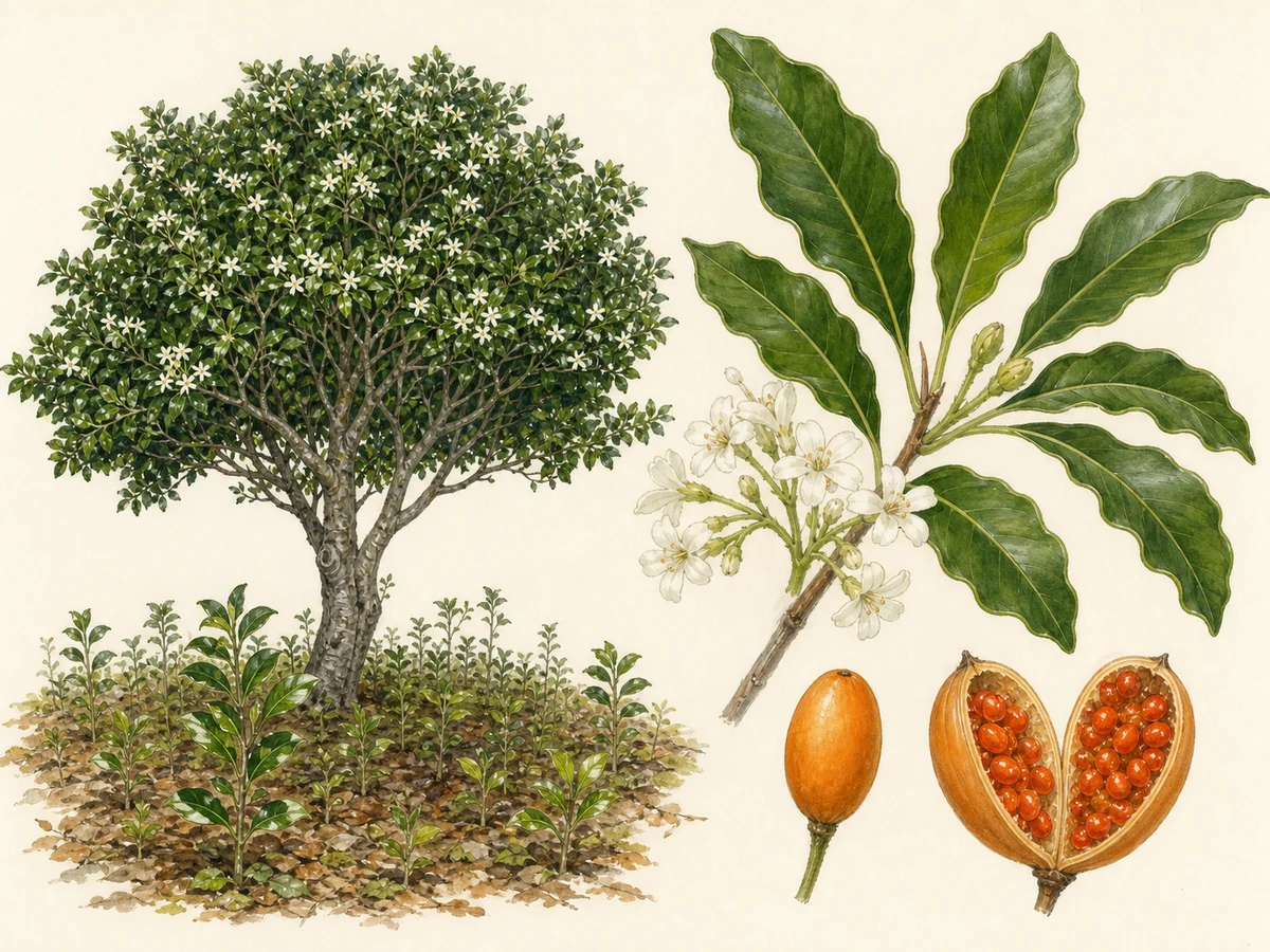 Prancha de Pittosporum undulatum com árvore perene, folhas brilhantes onduladas, flores brancas, cápsula laranja com sementes pegajosas e plântulas