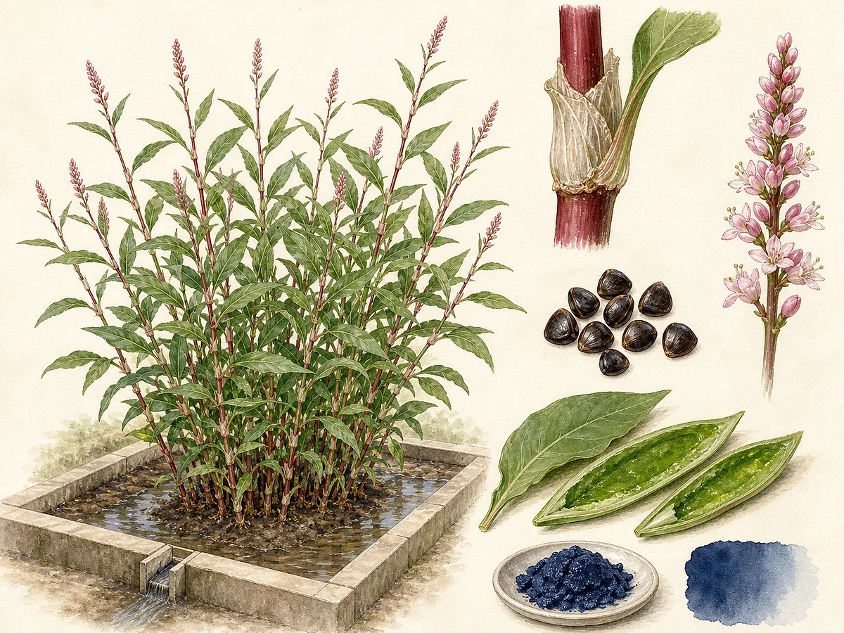 Prancha botânica de Persicaria tinctoria com caules avermelhados, folhas lanceoladas, ócreas membranosas, pequenas espigas rosadas e folhas cortadas para índigo