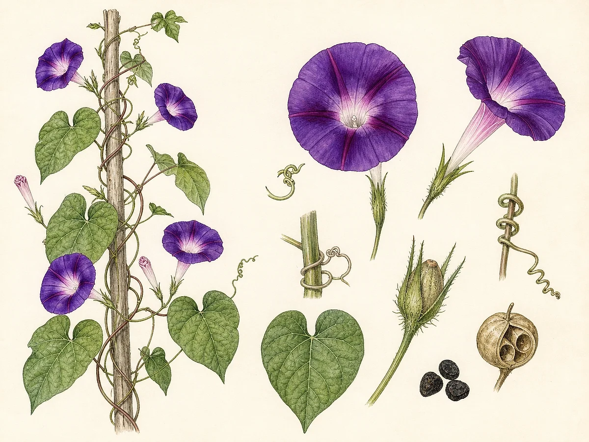 Prancha botânica documental de Ipomoea purpurea, trepadeira introduzida registada no arquipélago da Madeira