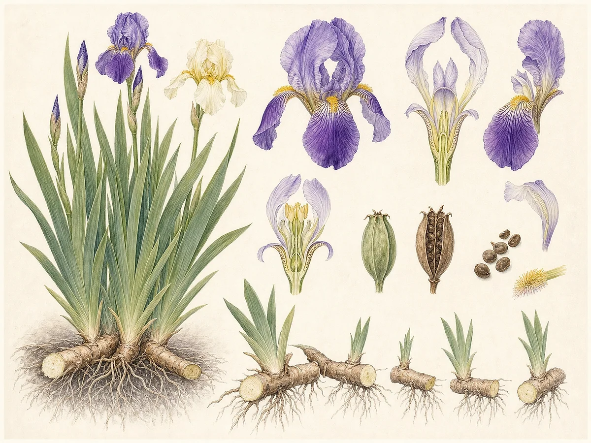Prancha botânica de íris-barbuda com folhas em espada, flor violeta com estandartes, quedas e barba, rizoma superficial, leques e raízes