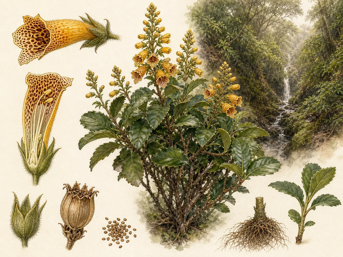 Prancha botânica de Digitalis sceptrum, sinónimo Isoplexis sceptrum, com arbusto perene, folhas serradas e racemos de flores amarelo-alaranjadas manchadas