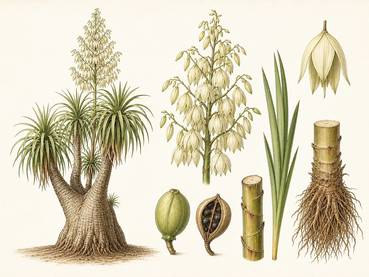 Prancha botânica de Yucca gigantea com árvore de base engrossada, rosetas de folhas flexíveis, panícula branca, fruto, cana e raízes