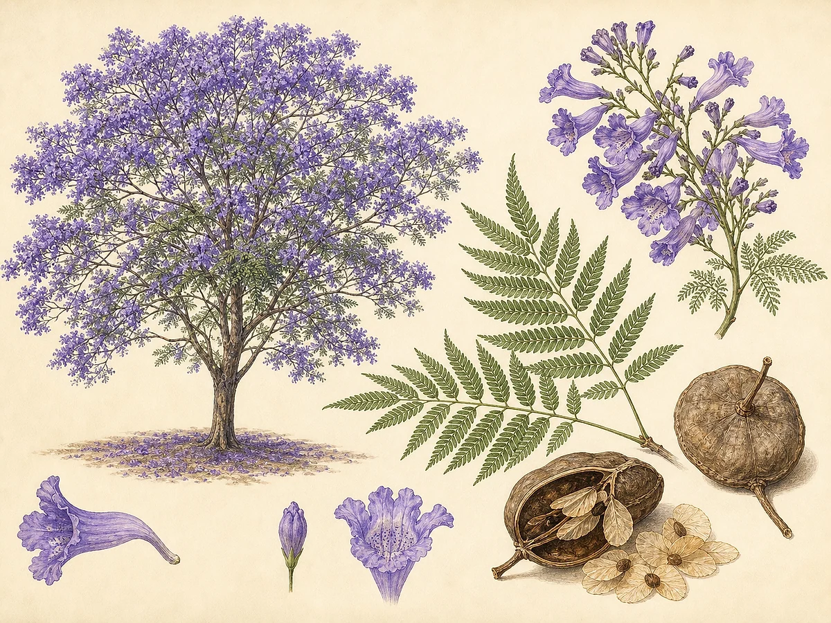 Prancha botânica de Jacaranda mimosifolia com folhas bipinadas finas, panículas de flores tubulares violeta-azuladas e cápsulas lenhosas redondas