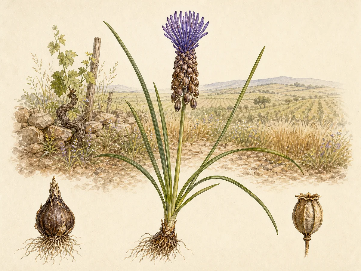 Prancha botânica de Muscari comosum com folhas lineares, cacho de flores férteis acastanhadas e vistoso penacho terminal violeta, cápsula e bolbo