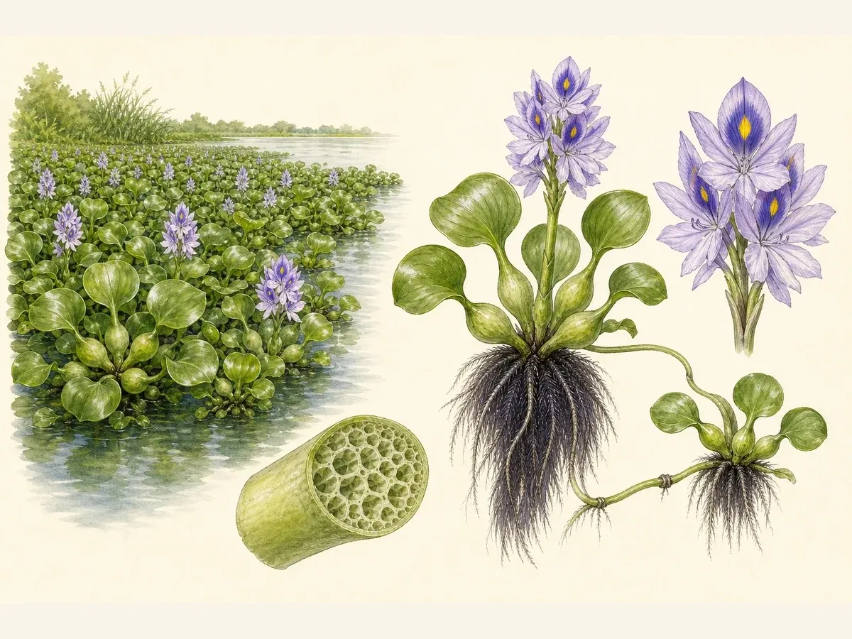 Prancha botânica de Eichhornia crassipes com tapete flutuante, roseta, pecíolos intumescidos, raízes escuras, estolho, flor violeta e aerênquima