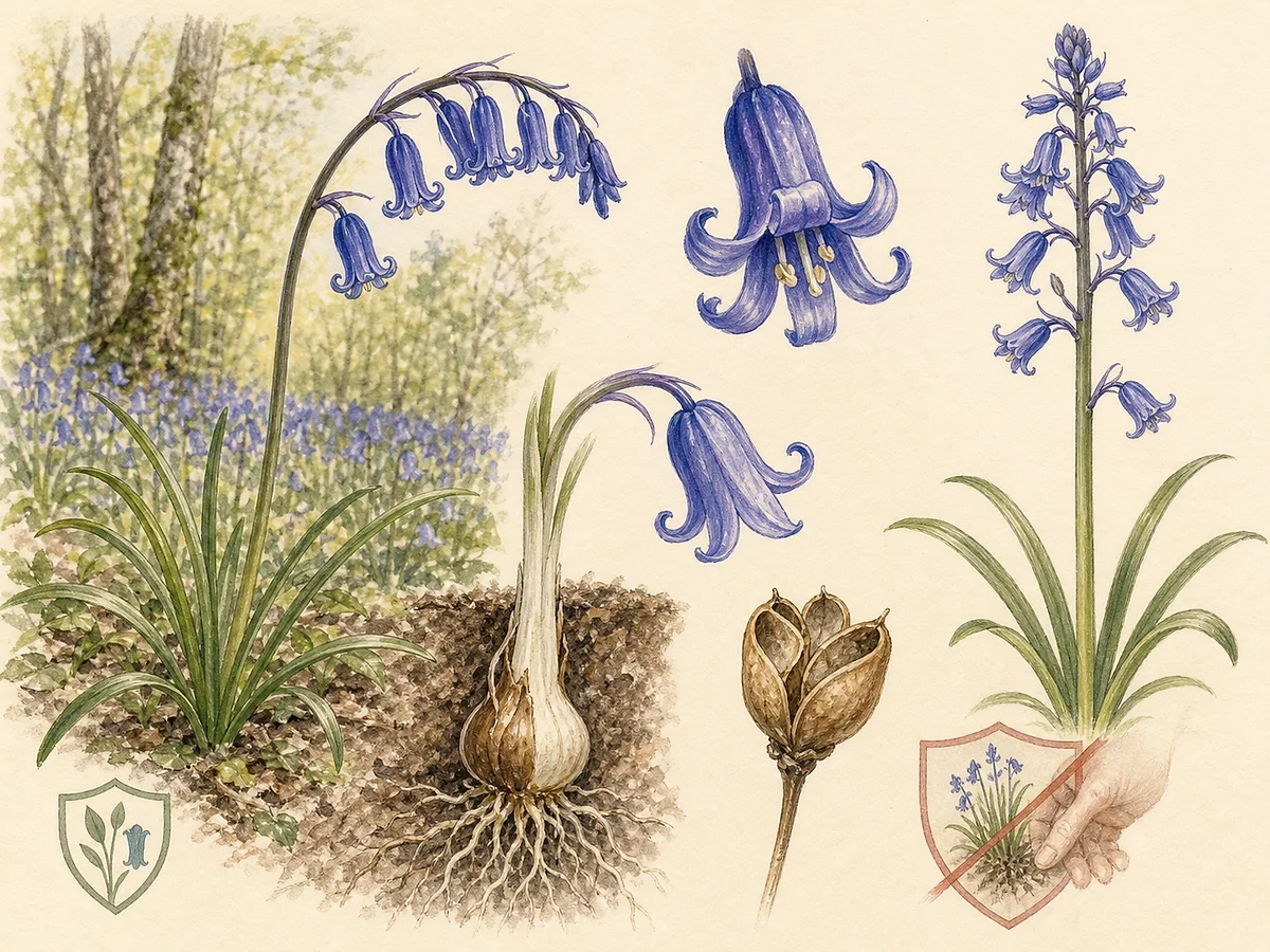 Prancha botânica de Hyacinthoides non-scripta com bolbo, folhas estreitas, cacho unilateral arqueado, flores azul-violeta tubulares de tépalas recurvadas e anteras creme