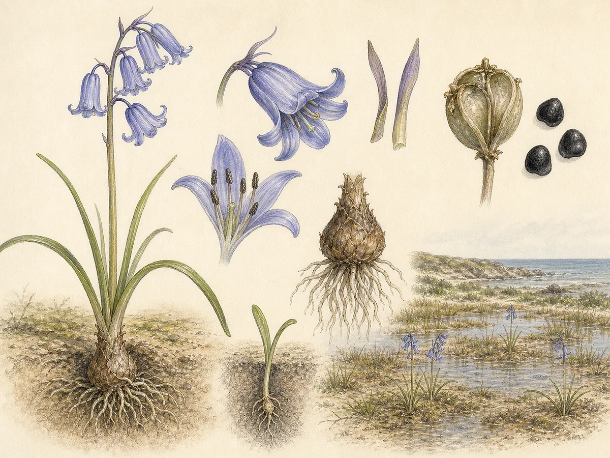 Prancha botânica de Hyacinthoides vicentina com bolbo escamoso, três a cinco folhas basais e racemo de flores azul-violeta com duas brácteas