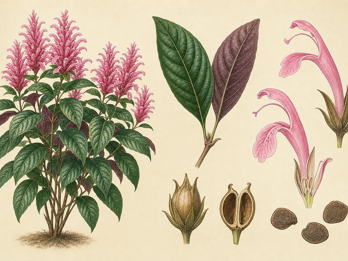 Prancha botânica de Justicia carnea com arbusto tropical, folhas grandes opostas, plumas densas de flores tubulares cor-de-rosa, cápsula e sementes