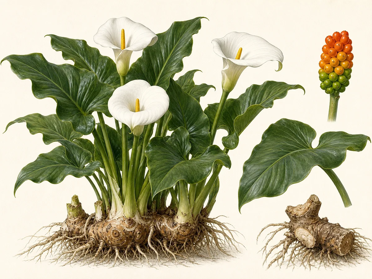 Prancha botânica de Zantedeschia aethiopica com folhas sagitadas brilhantes, espata branca, espádice amarelo, bagas e rizoma