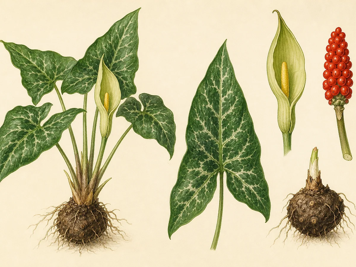 Prancha botânica de Arum italicum com folhas sagitadas de nervuras claras, espata verde-pálida, espádice, espiga de bagas vermelhas e tubérculo