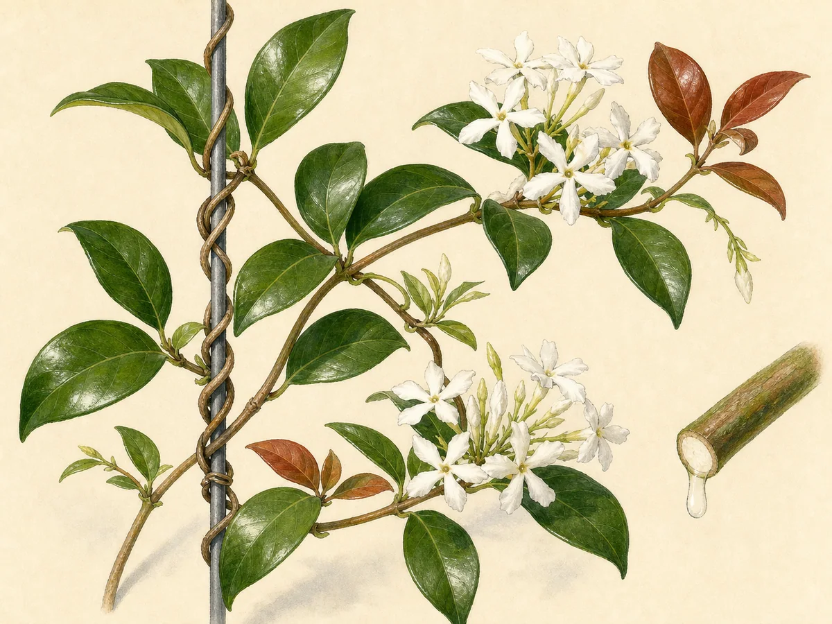 Ilustração botânica de jasmim-estrela com caules volúveis, folhas brilhantes e flores brancas em hélice