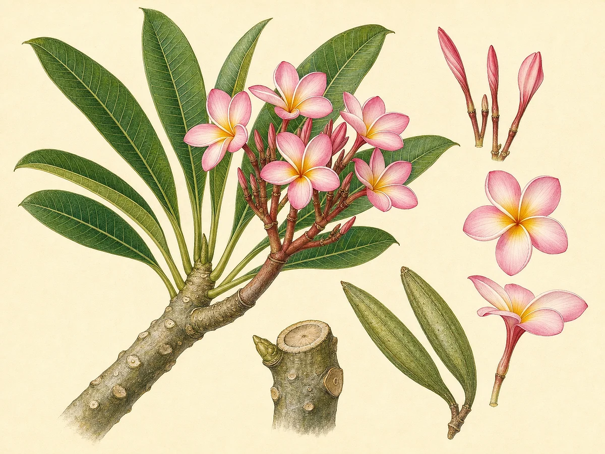 Prancha botânica de Plumeria rubra com ramos suculentos, folhas longas, flores rosadas de centro amarelo e folículos