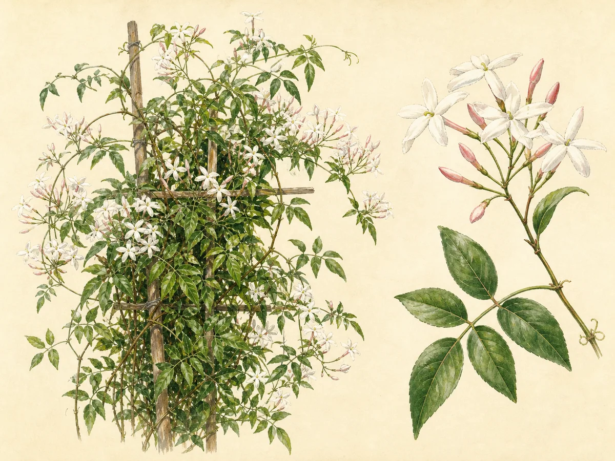 Ilustração botânica de um jasmim-comum trepador com folhas pinadas e flores brancas estreladas